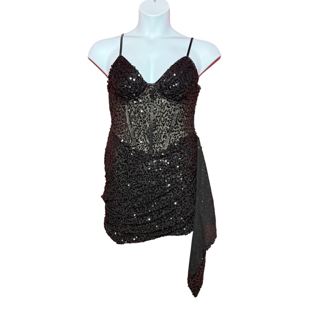 SHEIN Women Size Large Black Sequin Corset Mini Dress Sheer Mesh Side Sash Party - Picture 3 of 10